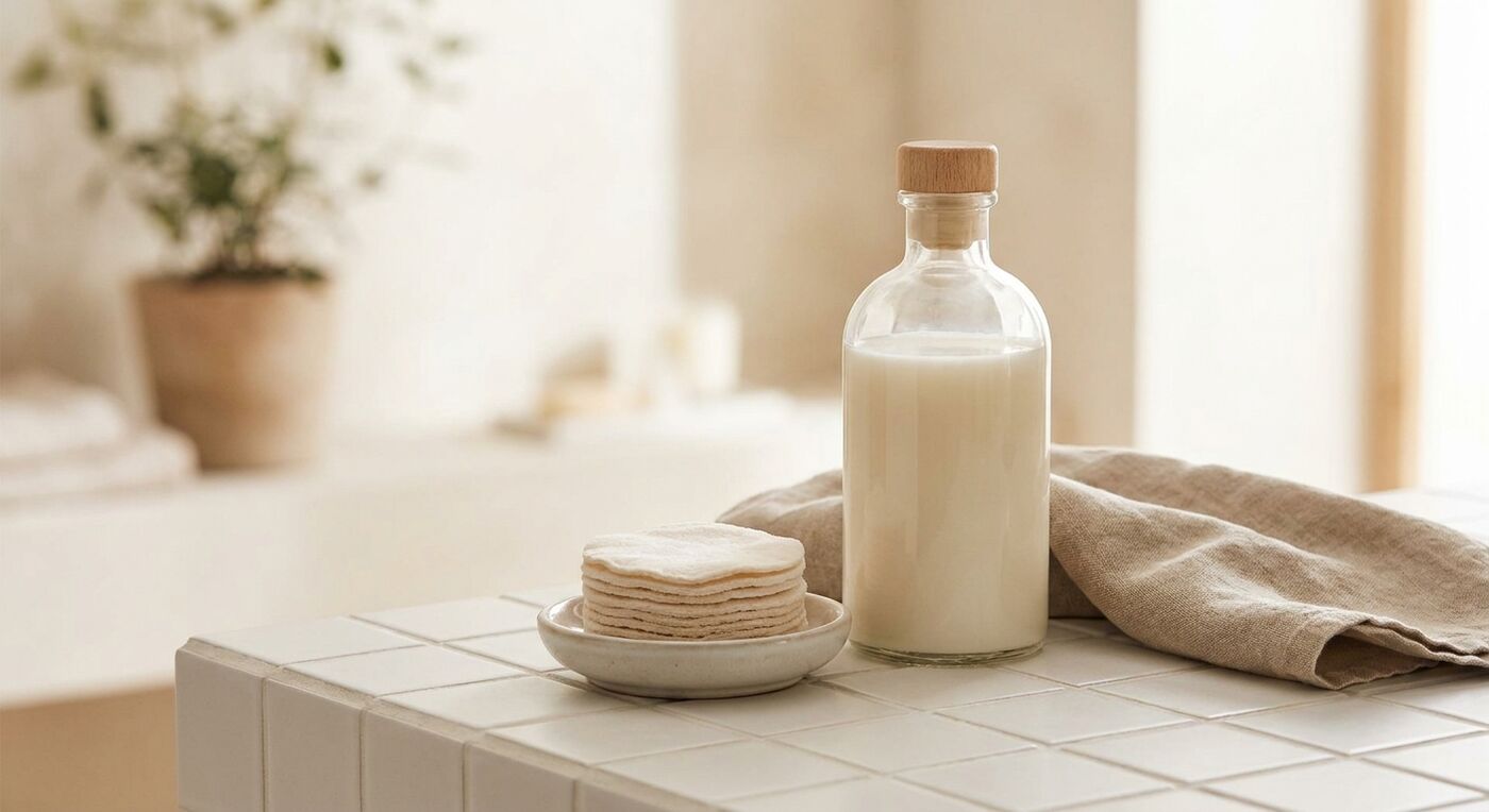 Cleanser and cotton pads on a white tile counter