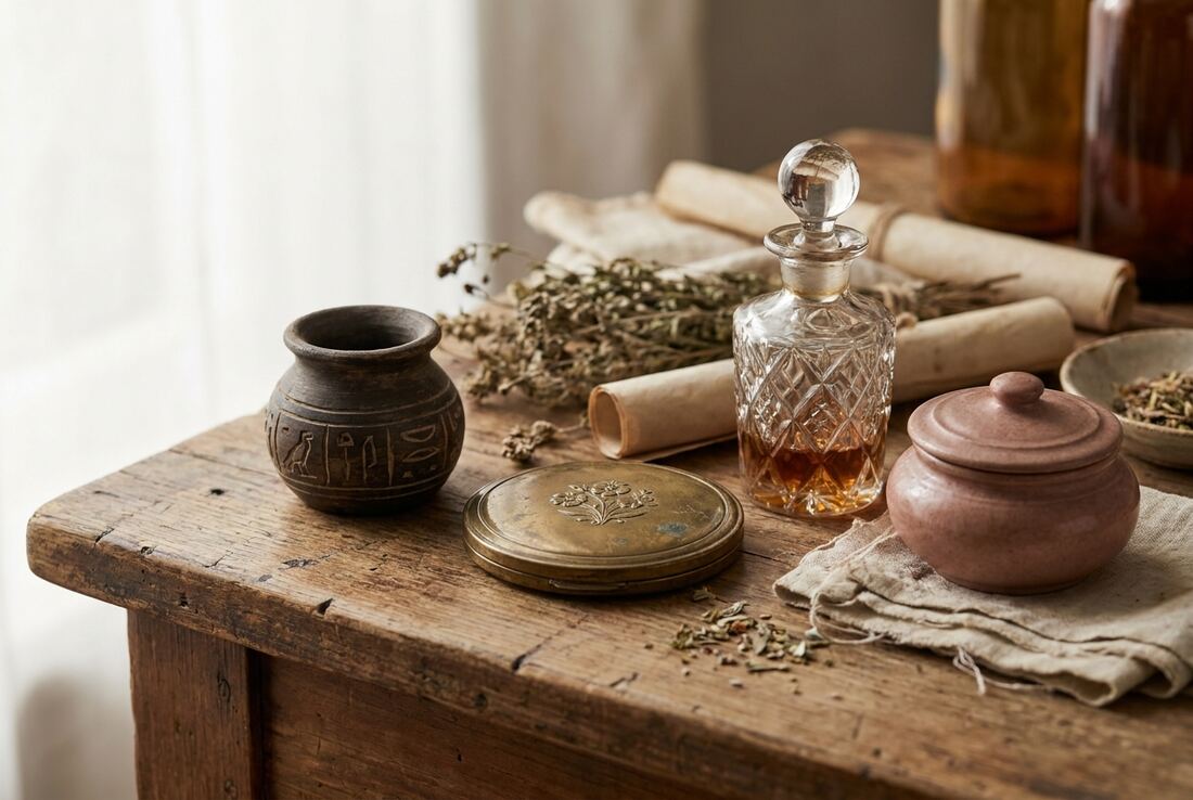 Antique cosmetic vessels including a kohl pot, powder compact and perfume bottle on a wooden table