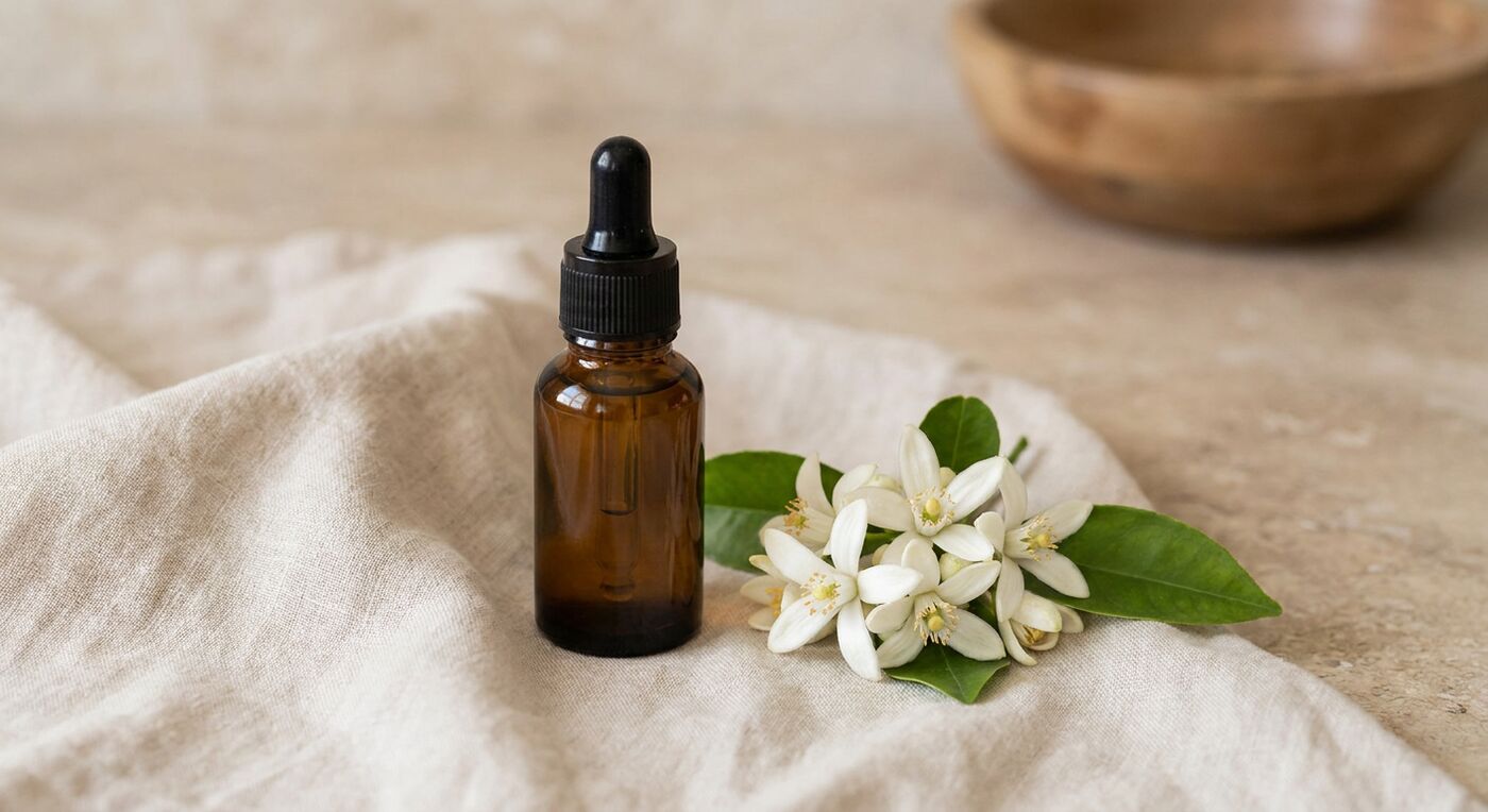 Amber dropper bottle beside orange blossoms