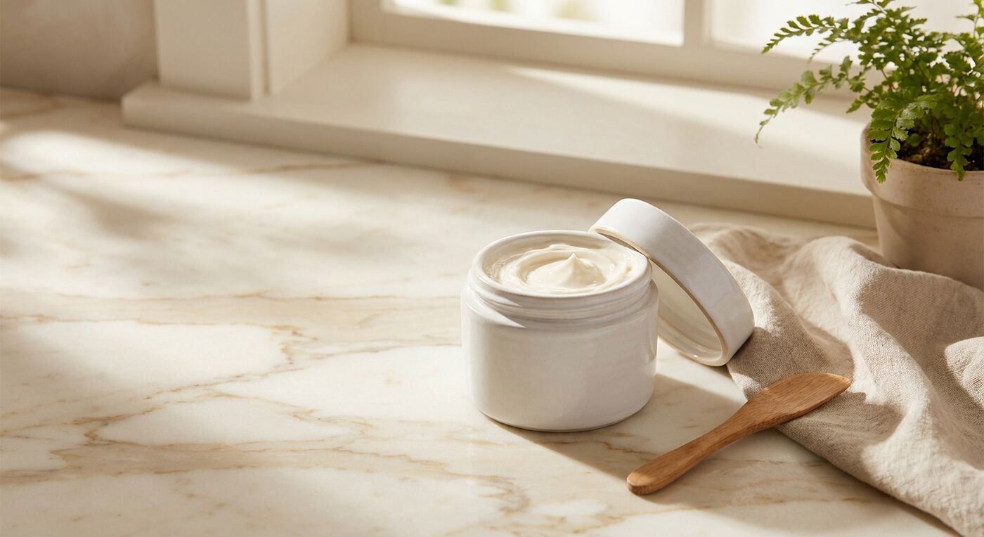Open jar of face cream on a marble surface