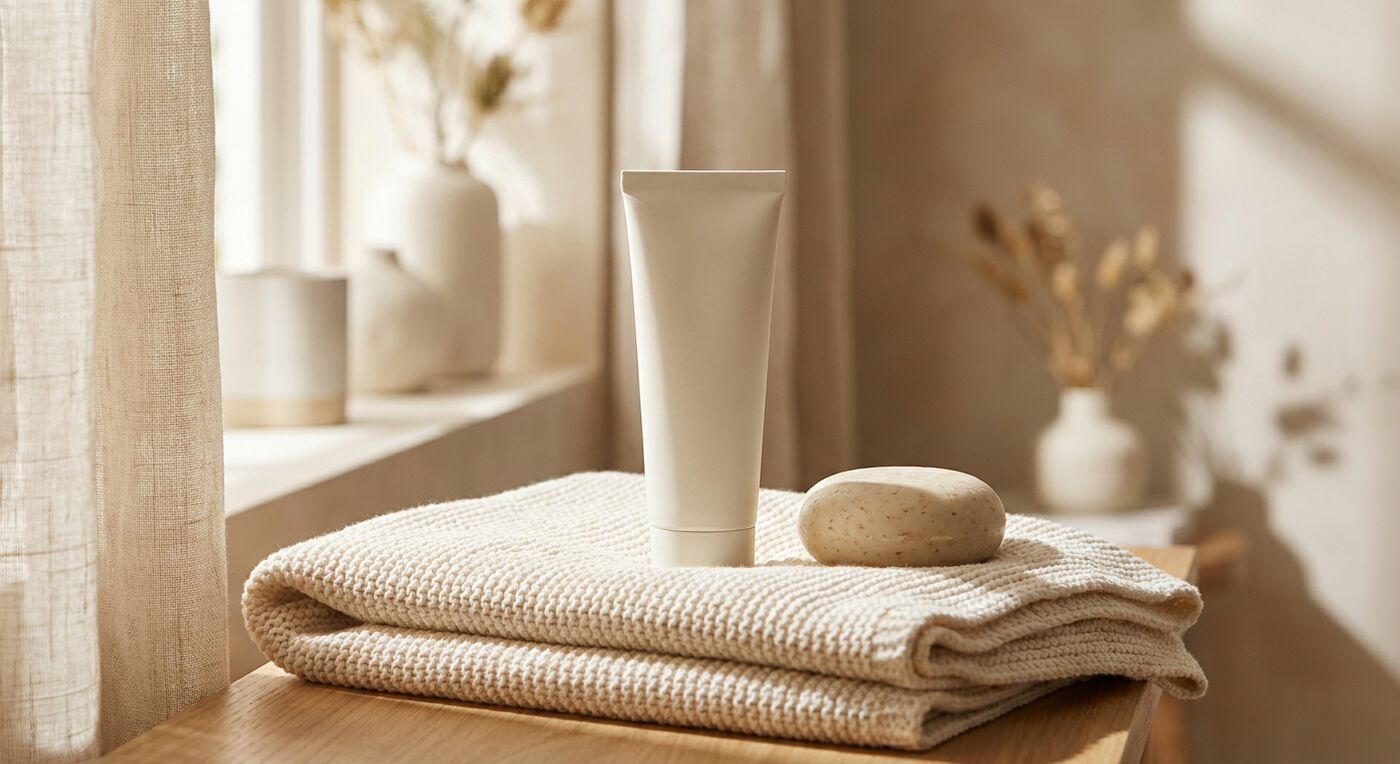 Hand cream and soap on a folded towel