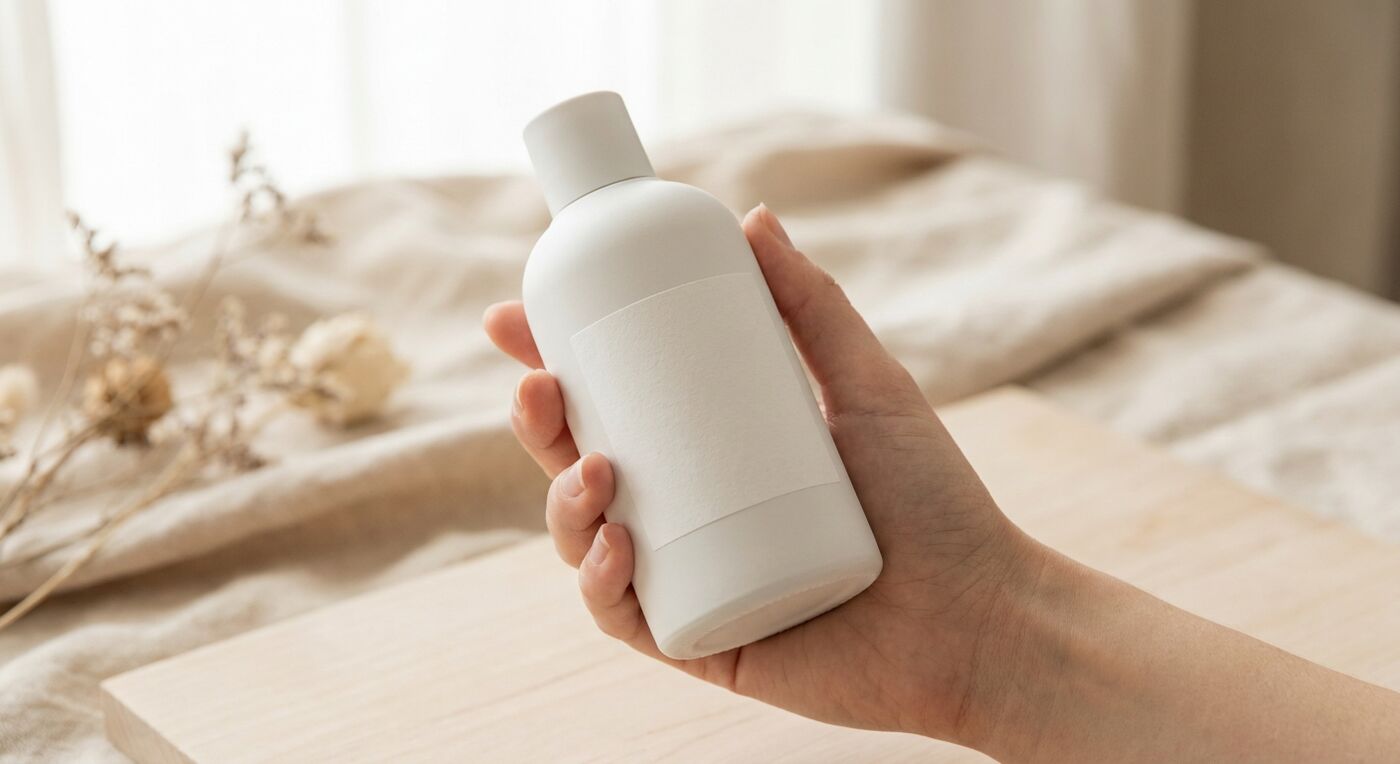 A plain unbranded cosmetic bottle in soft daylight